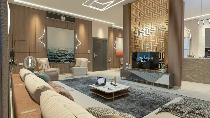 صالة استقبال بجدار خشبي وفاصل بنقش هندسي ووحدة تلفاز رخامية